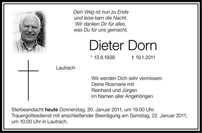 dieter dorn remembrance card